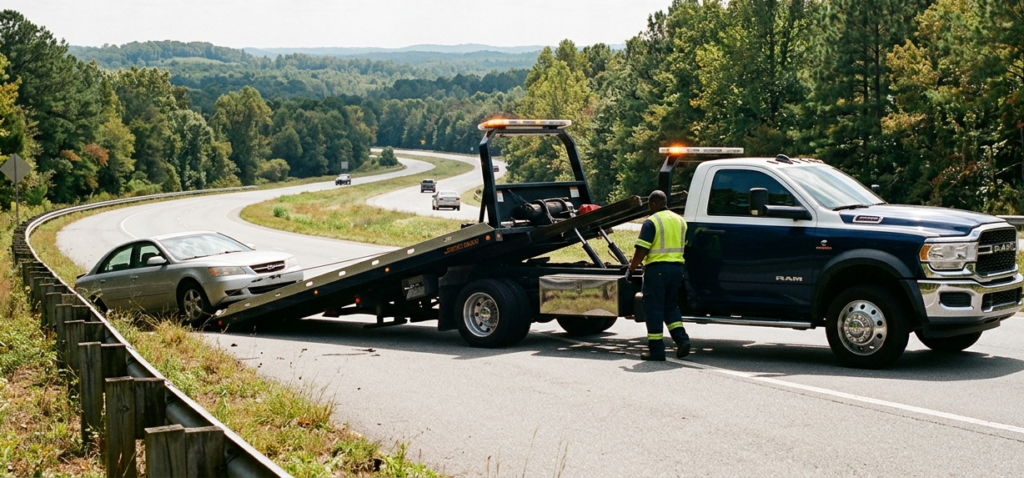 Towing truck loading a silver car on a winding road through a green, hilly landscape.